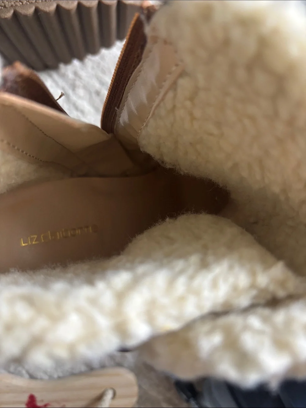 Liz Claiborne Brown Faux Suede Wedge Booties with Cream Shearling